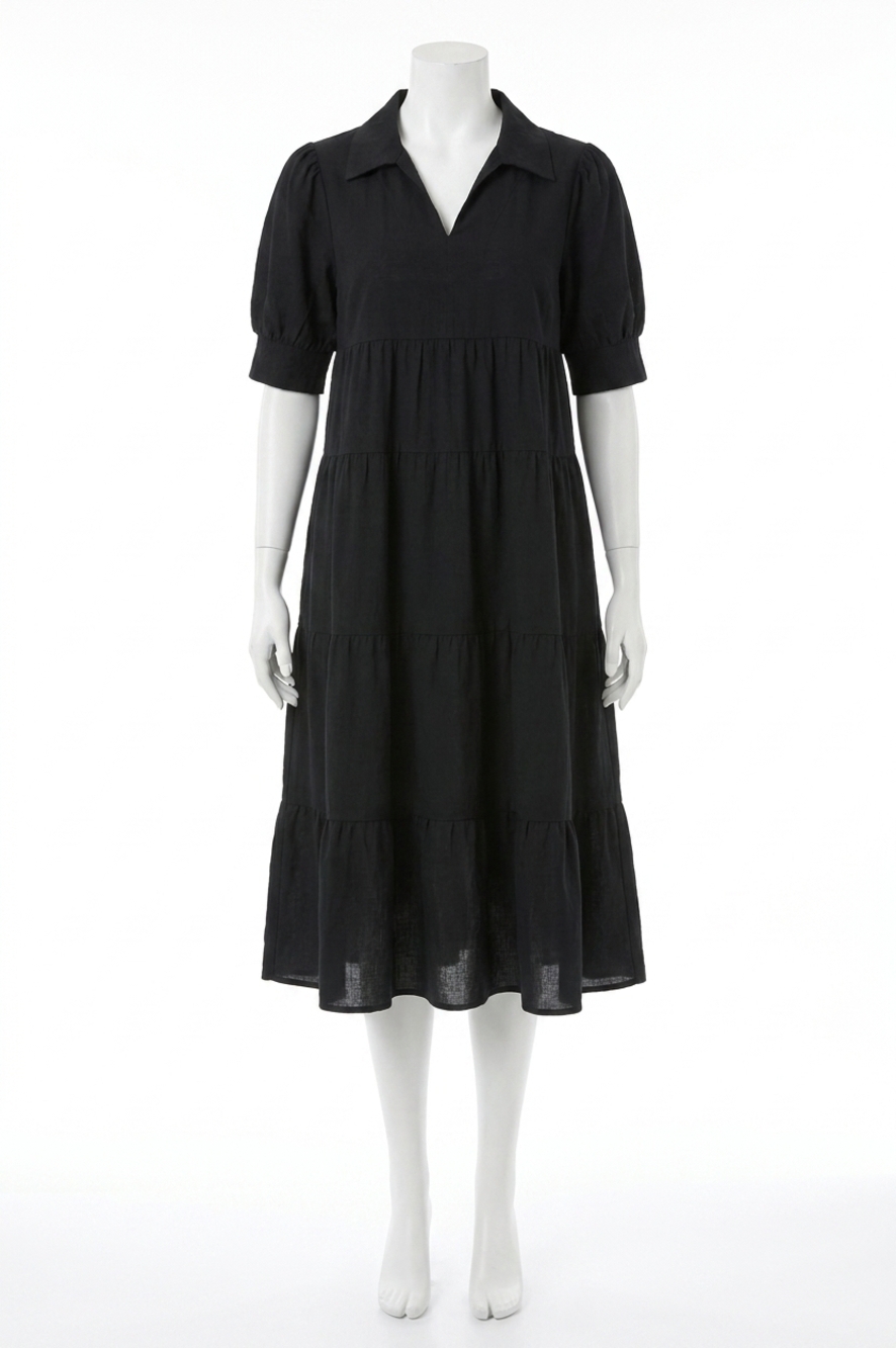 NEW UMGEE tiered cuffed sleeve midi dress in black